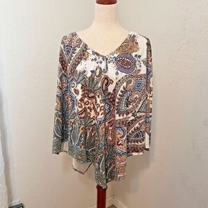 Chicos Womens Floral Paisley Round Neck Pullover Asymmetrical Shawl Poncho L/XL